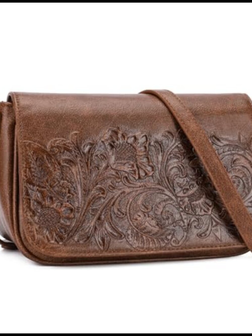 Vegan Leather Floral Embossed Crossbody Bag Adjustable Strap Saddle Purse